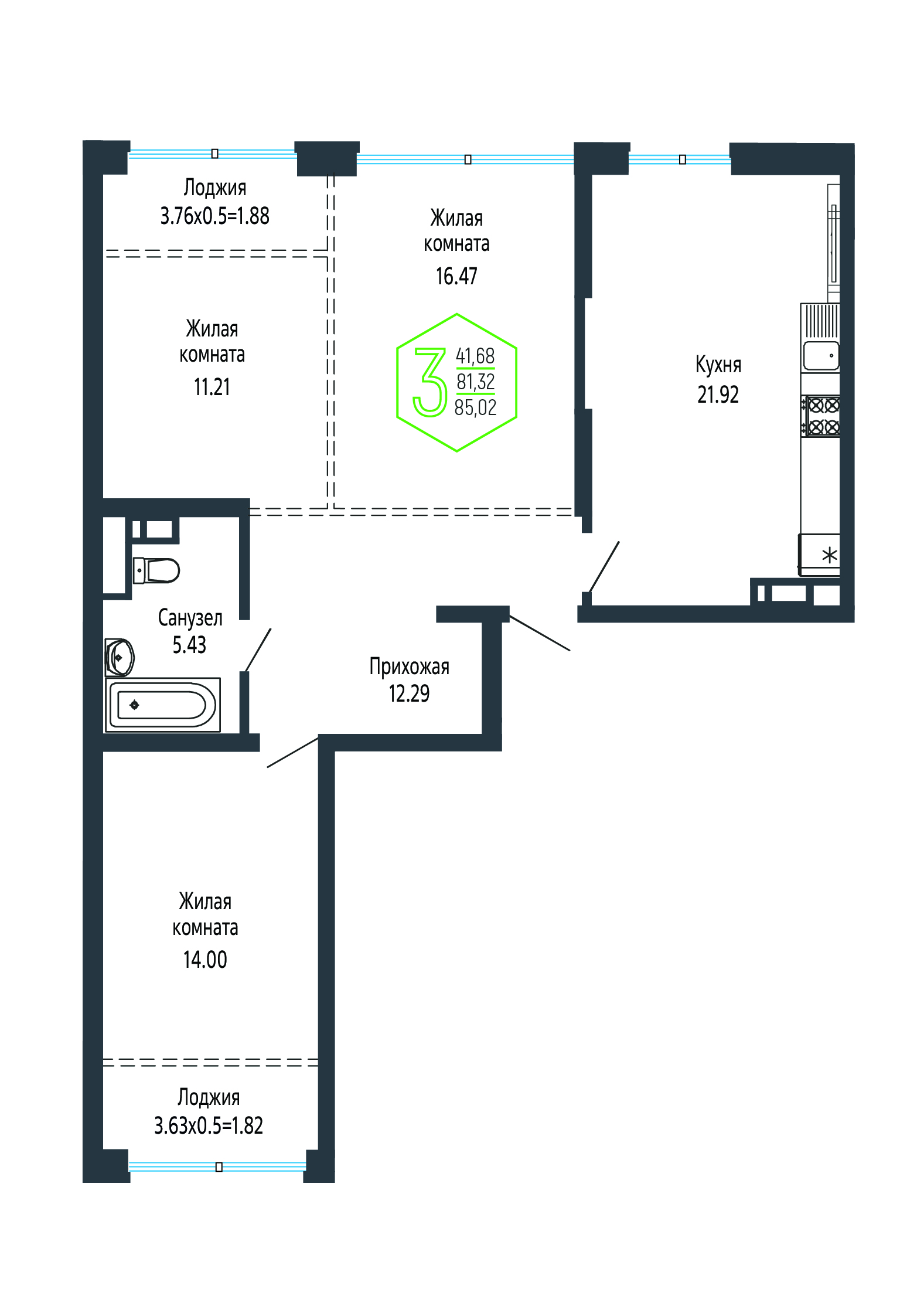 3-комн. квартира, 85.3 м² — фото 1