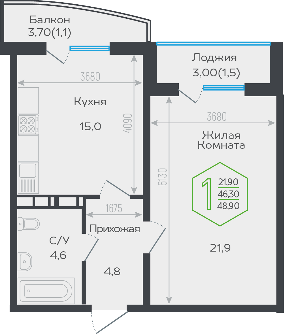 1-комн. квартира, 50.5 м²