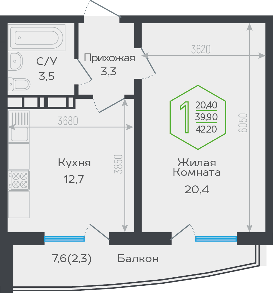 1-комн. квартира, 43.9 м²