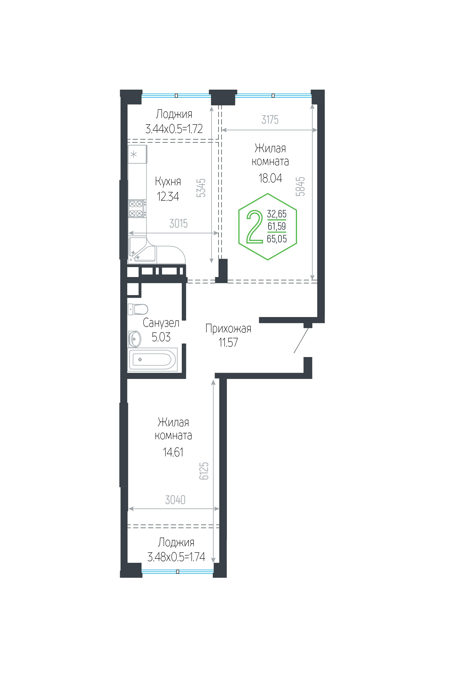 2-комн. квартира, 67.6 м² — фото 1