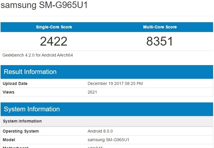 Samsung Galaxy S9+  Snapdragon 845   Geekbench