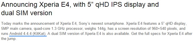 Sony     Xperia E4: KitKat  Lollipop?