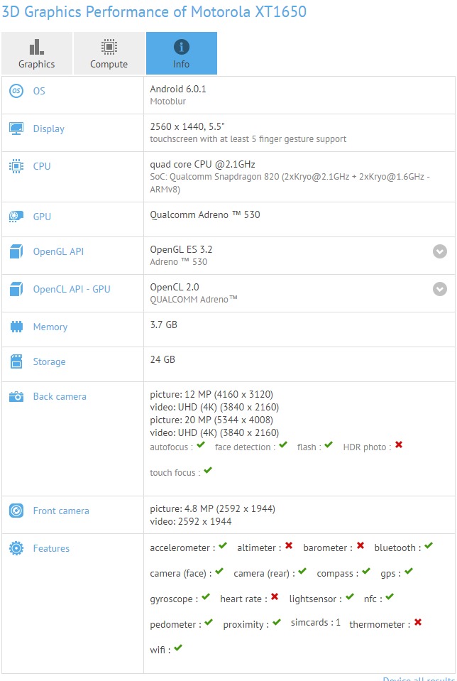  Moto X4  GFXBench:  , Snapdragon 820