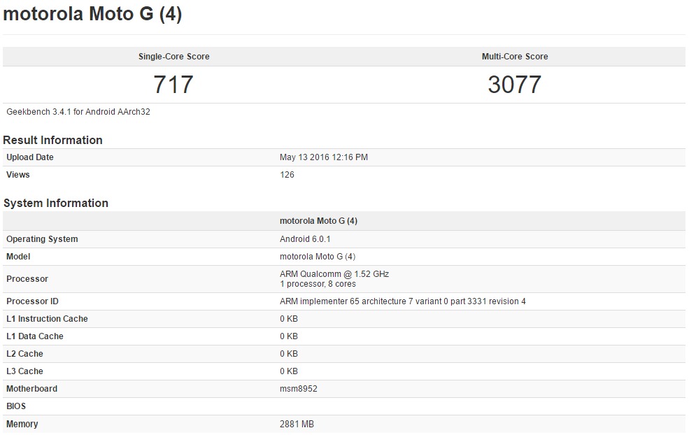 Motorola Moto G4:      Geekbench