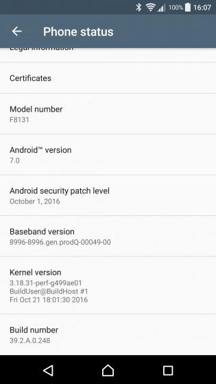 Android 7.0 Nougat  Sony Xperia X Performance:   