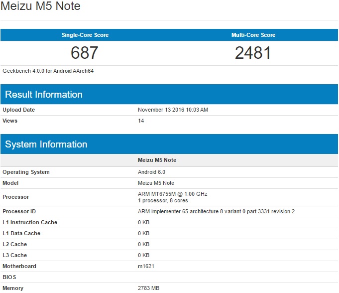 Meizu M5 Note  Geekbench:    ?