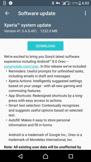 Sony Xperia XZ  Xperia XZs  Android 8.0 Oreo