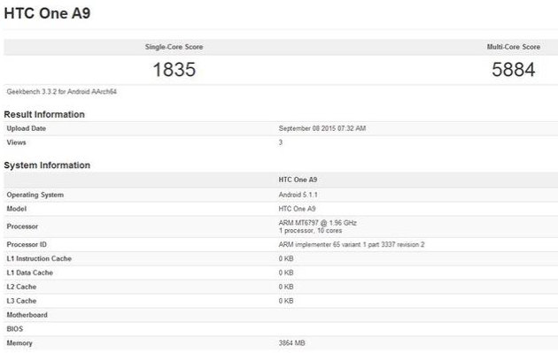 HTC One A9  GeekBench:  10- MediaTek Helio X20