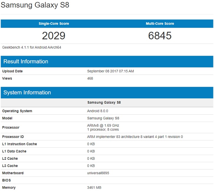 Samsung Galaxy S8  Android Oreo   Geekbench