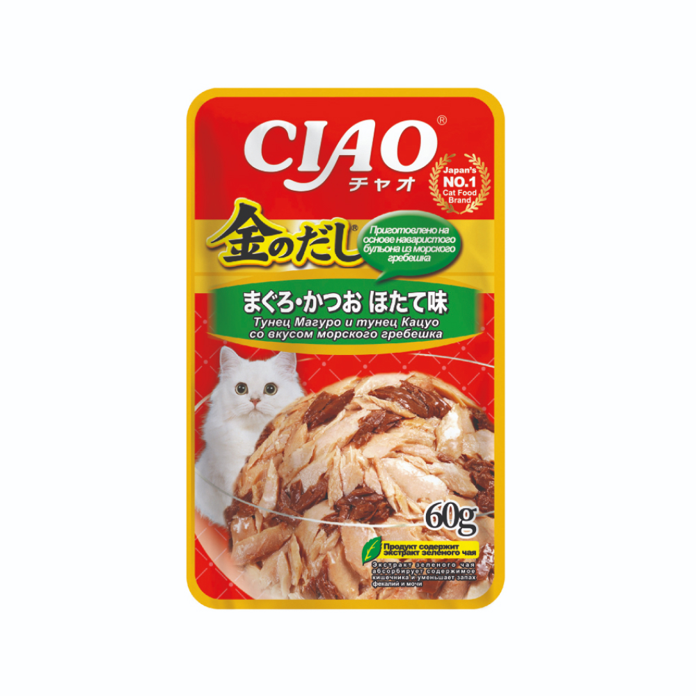 INABA CIAO Влажный корм (пауч) для кошек, тунец магуро и тунец кацуо со вкусом морского гребешка, 60 гр.
INABA CIAO Влажный корм (пауч) для кошек, тунец магуро и тунец кацуо со вкусом морского гребешка, 60 гр.