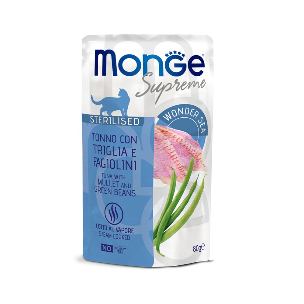 Monge Sterilized cat Влажный корм (пауч) для стерилизованных кошек, с тунцом, кефалью и зелёной фасолью, 80 гр.
Monge Sterilized cat Влажный корм (пауч) для стерилизованных кошек, с тунцом, кефалью и зелёной фасолью, 80 гр.