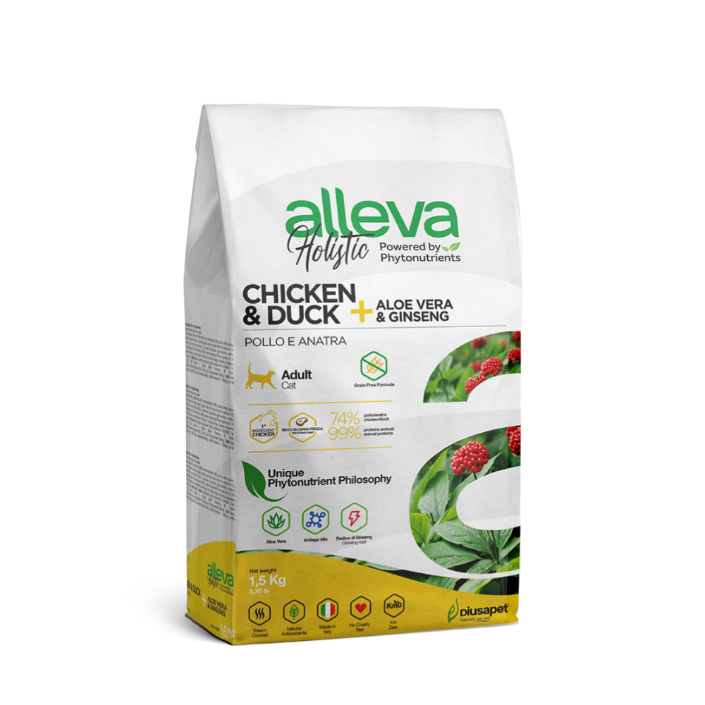 ALLEVA Holistic Cухой корм для кошек, с курицей и уткой, алое вера и женьшенем, 1,5 кг
ALLEVA Holistic Cухой корм для кошек, с курицей и уткой, алое вера и женьшенем, 1,5 кг