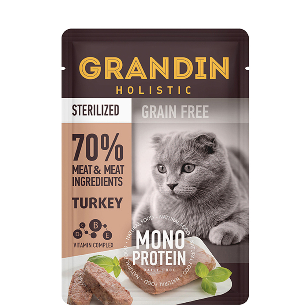 Grandin Sterilized Grain free Monoprotein Влажный корм (пауч) для взрослых стерилизованных кошек, патэ из нежного мяса индейки в желе, 85 гр.
Grandin Sterilized Grain free Monoprotein Влажный корм (пауч) для взрослых стерилизованных кошек, патэ из нежного мяса индейки в желе, 85 гр.