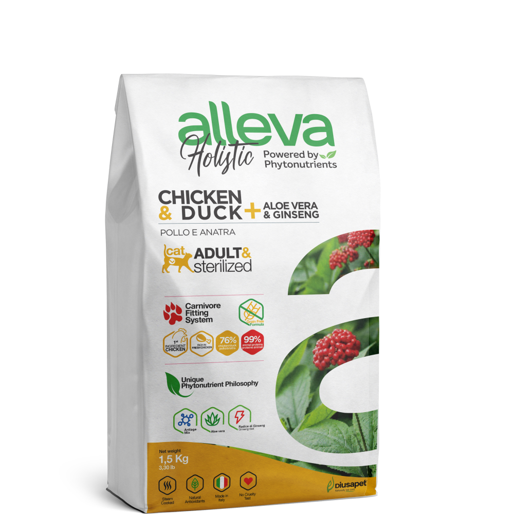 ALLEVA Holistic Cухой корм для кошек, с курицей и уткой, алое вера и женьшенем, 1,5 кг
ALLEVA Holistic Cухой корм для кошек, с курицей и уткой, алое вера и женьшенем, 1,5 кг