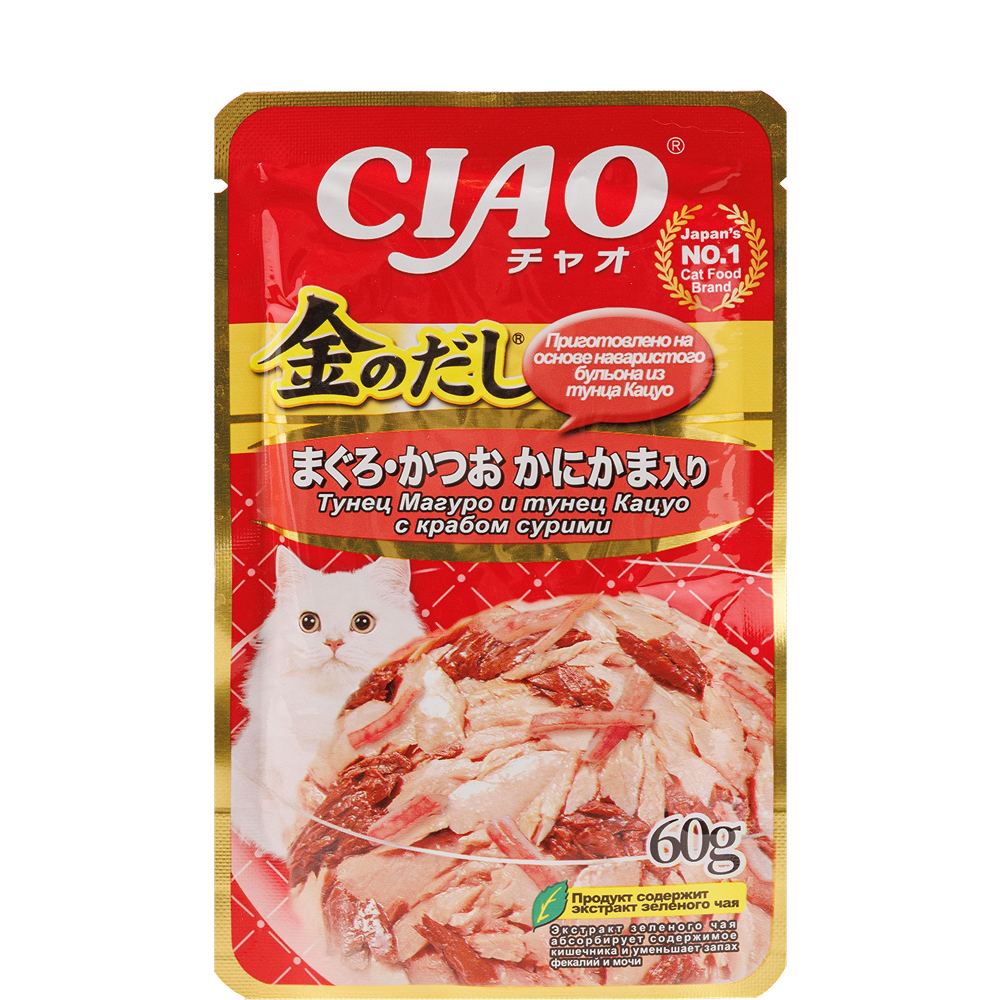 INABA CIAO Влажный корм (пауч) для кошек, тунец магуро и тунец кацуо с крабом сурими, 60 гр.
INABA CIAO Влажный корм (пауч) для кошек, тунец магуро и тунец кацуо с крабом сурими, 60 гр.