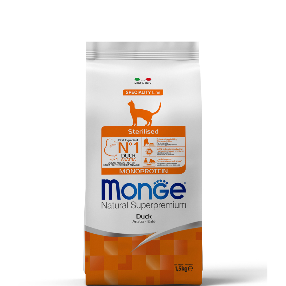 Monge Monoprotein Sterilised Сухой корм для стерилизованных кошек, с уткой, 1,5 кг
Monge Monoprotein Sterilised Сухой корм для стерилизованных кошек, с уткой, 1,5 кг