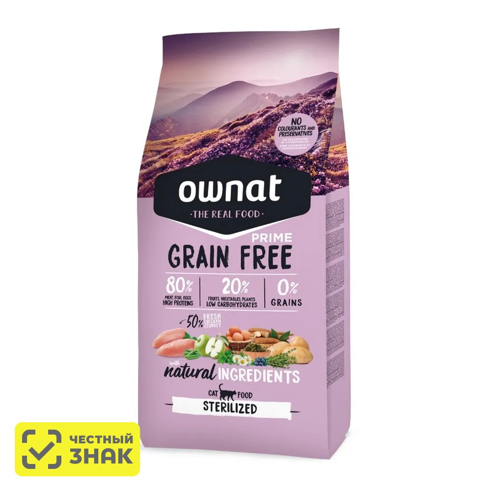 Ownat Adult Sterilized Grain Free Prime Сухой корм для стерилизованных кошек, с курицей и индейкой, 1 кг
Ownat Adult Sterilized Grain Free Prime Сухой корм для стерилизованных кошек, с курицей и индейкой, 1 кг