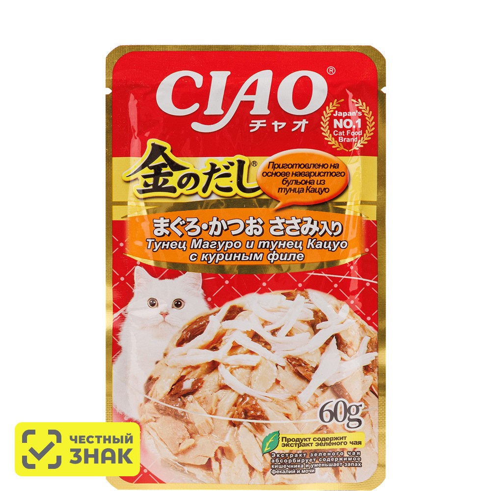 INABA CIAO Влажный корм (пауч) для кошек, тунец магуро и тунец кацуо с куриным филе, 60 гр.
INABA CIAO Влажный корм (пауч) для кошек, тунец магуро и тунец кацуо с куриным филе, 60 гр.