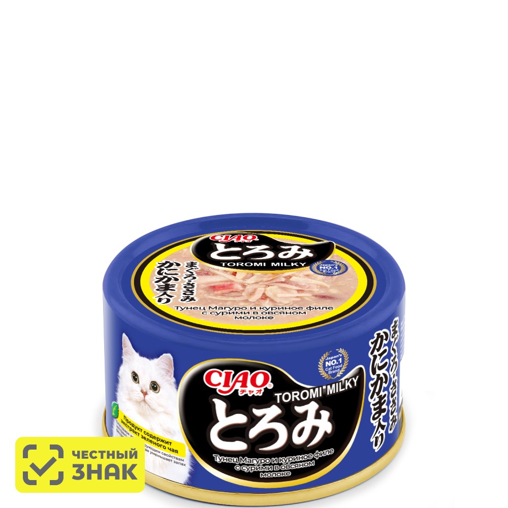 INABA CIAO Toromi Влажный корм (консервы) для кошек, тунец магуро, куриное филе с сурими в овсяном молоке, 80 гр.
INABA CIAO Toromi Влажный корм (консервы) для кошек, тунец магуро, куриное филе с сурими в овсяном молоке, 80 гр.