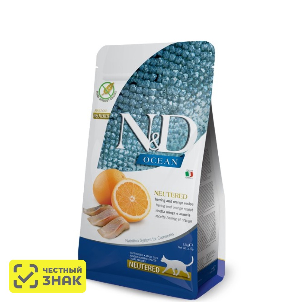 Farmina Ocean Cat Сухой корм для стерилизованных кошек и кастрированных котов, с сельдью и апельсином, 1,5 кг
Farmina Ocean Cat Сухой корм для стерилизованных кошек и кастрированных котов, с сельдью и апельсином, 1,5 кг