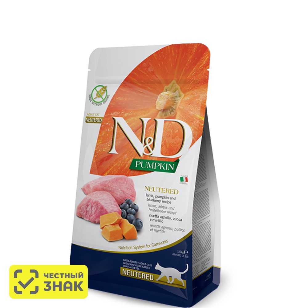 Farmina N&D PUMPKIN Сухой корм для стерилизованных кошек и кастрированных котов, с ягненком, тыквой и черникой, 1,5 кг
Farmina N&D PUMPKIN Сухой корм для стерилизованных кошек и кастрированных котов, с ягненком, тыквой и черникой, 1,5 кг