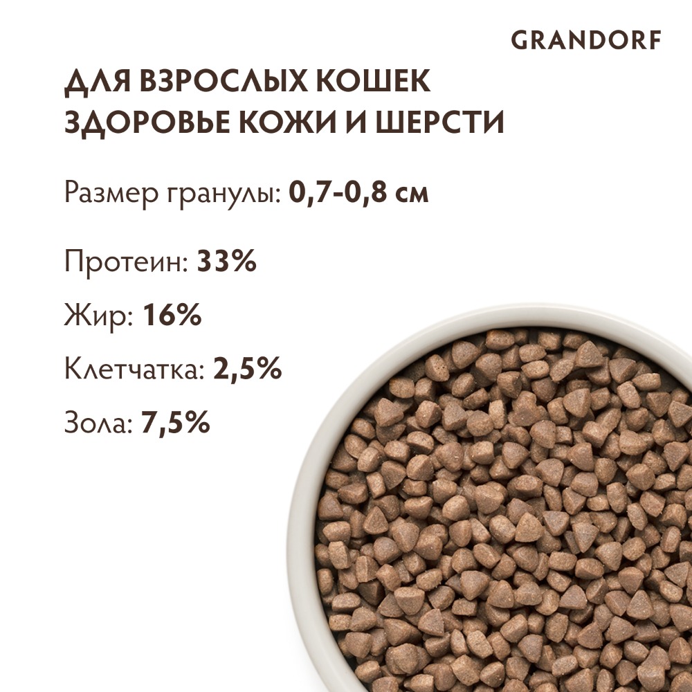GRANDORF Holistic Skin Coat Care Сухой корм для кошек от 1 года с проблемной кожей и шерстью или склонных к аллергии, с белой рыбой и индейкой, 2 кг
GRANDORF Holistic Skin Coat Care Сухой корм для кошек от 1 года с проблемной кожей и шерстью или склонных к аллергии, с белой рыбой и индейкой, 2 кг