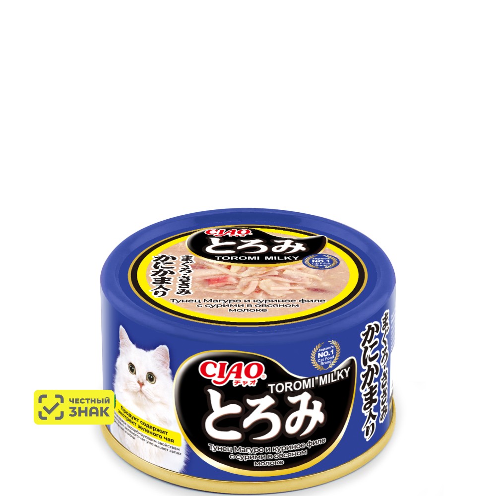 INABA CIAO Toromi Влажный корм (консервы) для кошек, тунец магуро, куриное филе с сурими в овсяном молоке, 80 гр.
INABA CIAO Toromi Влажный корм (консервы) для кошек, тунец магуро, куриное филе с сурими в овсяном молоке, 80 гр.