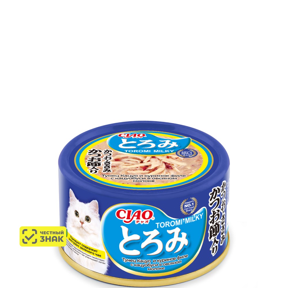 INABA CIAO Toromi Влажный корм (консервы) для кошек, тунец кацуо, куриное филе с кацуобуси в овсяном молоке, 80 гр.
INABA CIAO Toromi Влажный корм (консервы) для кошек, тунец кацуо, куриное филе с кацуобуси в овсяном молоке, 80 гр.