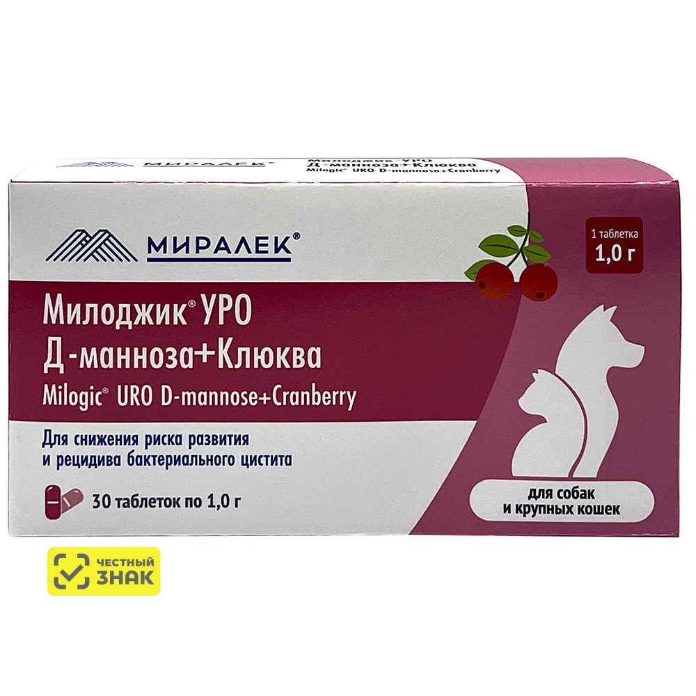 МИРАЛЕК Милоджик Уро Д-манноза+клюква Функциональное лакомство от цистита для собак и крупных кошек, 30 таблеток
МИРАЛЕК Милоджик Уро Д-манноза+клюква Функциональное лакомство от цистита для собак и крупных кошек, 30 таблеток