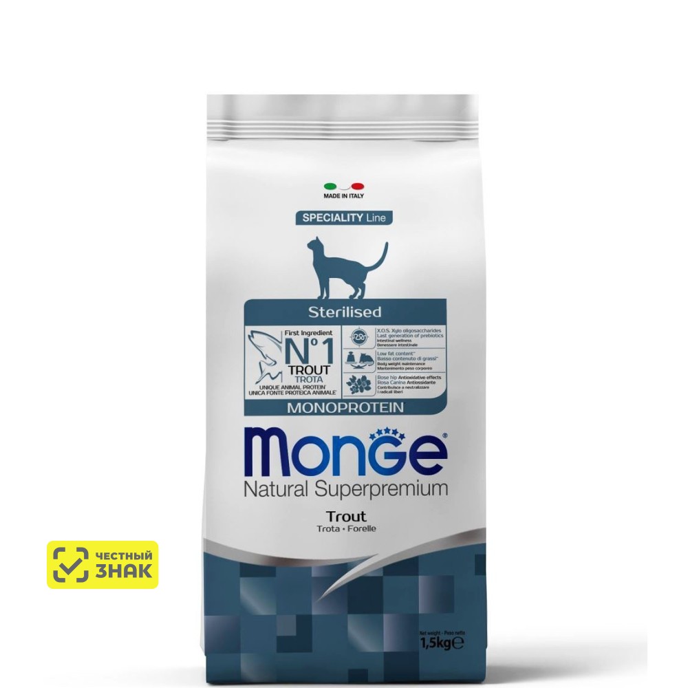 Monge Monoprotein Sterilised Trout Сухой корм для стерилизованных кошек, с форелью, 1,5 кг
Monge Monoprotein Sterilised Trout Сухой корм для стерилизованных кошек, с форелью, 1,5 кг