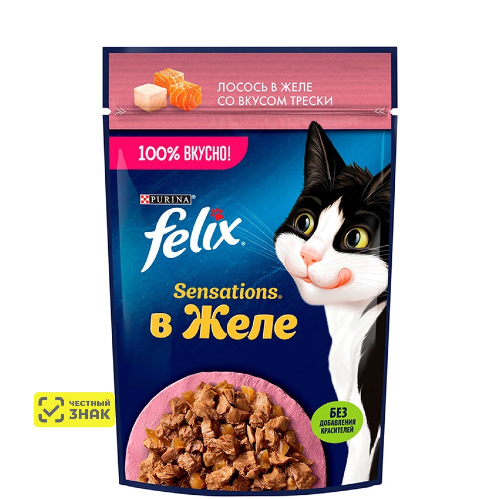 Felix Sensations Влажный корм (пауч) для взрослых кошек, с лососем в желе с добавлением трески, 75 гр.
Felix Sensations Влажный корм (пауч) для взрослых кошек, с лососем в желе с добавлением трески, 75 гр.
