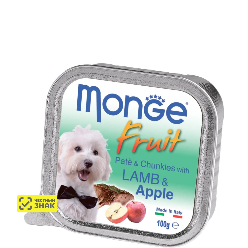 Monge Fruit Влажный корм (консервы) для собак, нежный паштет из ягненка с яблоком, 100 гр.
Monge Fruit Влажный корм (консервы) для собак, нежный паштет из ягненка с яблоком, 100 гр.
