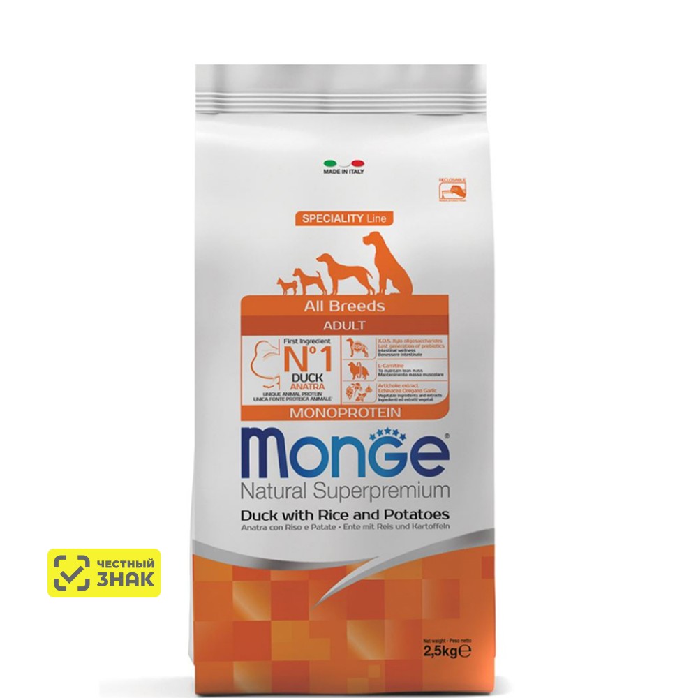 Monge All Breeds Adult Сухой корм для взрослых собак всех пород, с уткой, рисом и картофелем, 2,5 кг
Monge All Breeds Adult Сухой корм для взрослых собак всех пород, с уткой, рисом и картофелем, 2,5 кг
