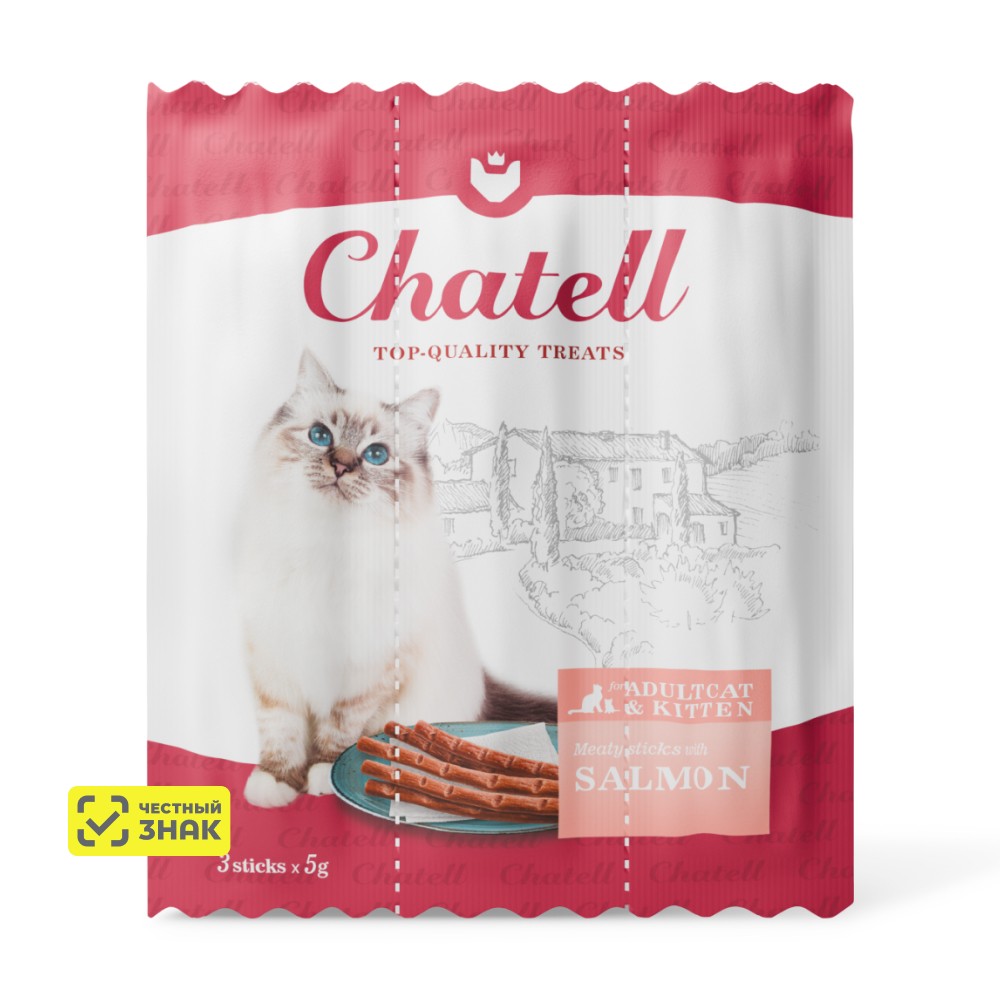 Chatell Лакомство Мясные колбаски для кошек, с лососем, 3 шт., 15 гр.
Chatell Лакомство Мясные колбаски для кошек, с лососем, 3 шт., 15 гр.