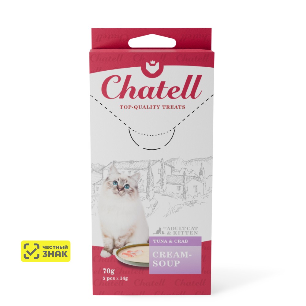 Chatell Лакомство Крем-суп для кошек, с тунцом и крабом, 5 шт., 70 гр.
Chatell Лакомство Крем-суп для кошек, с тунцом и крабом, 5 шт., 70 гр.