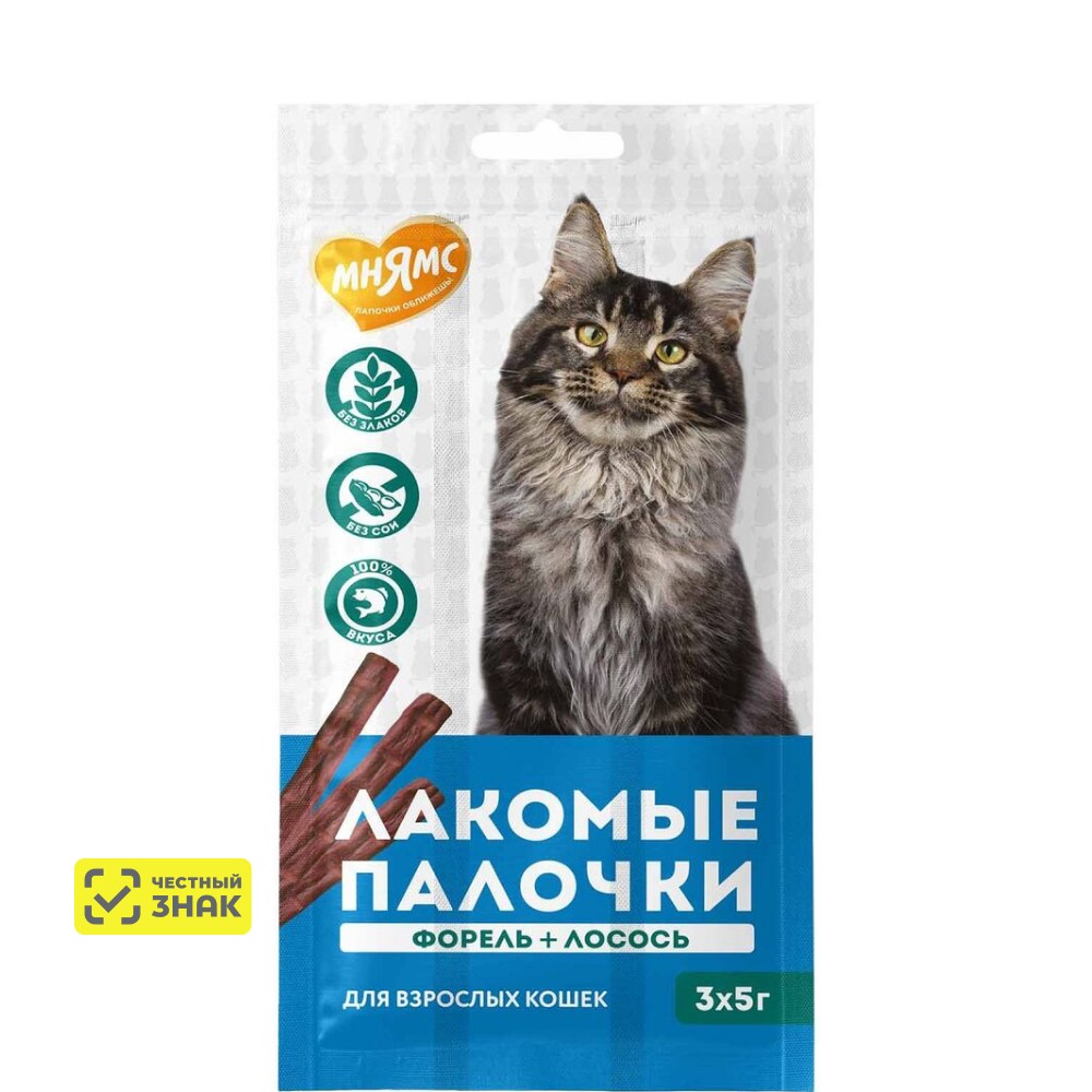 Мнямс Лакомство Палочки из форели и лосося для взрослых кошек, 3х5 гр.
Мнямс Лакомство Палочки из форели и лосося для взрослых кошек, 3х5 гр.