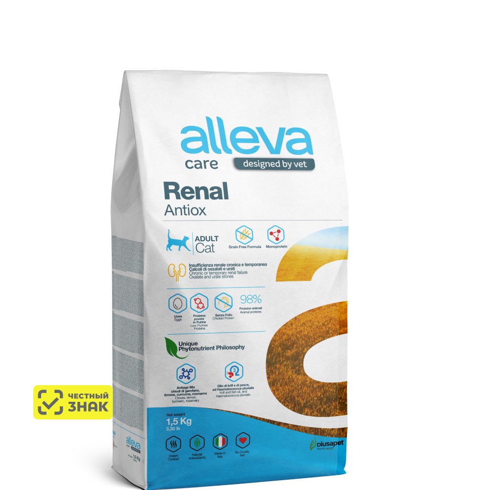 ALLEVA Care Adult Renal Antiox Сухой диетический корм для взрослых кошек, с куриным яйцом, 1,5 кг
ALLEVA Care Adult Renal Antiox Сухой диетический корм для взрослых кошек, с куриным яйцом, 1,5 кг