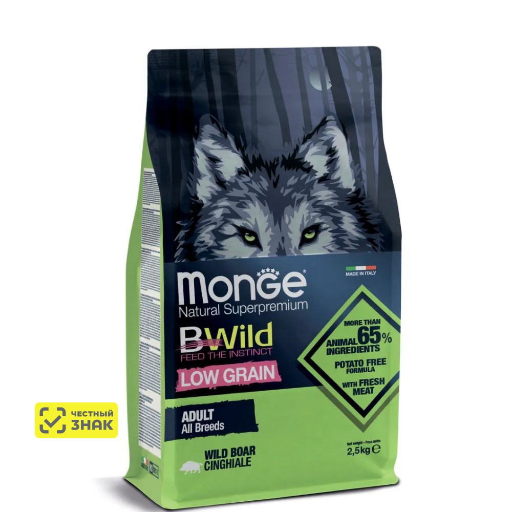 Monge BWild Dog Adult Wild Boar Low Grain Сухой корм низкозерновой для взрослых собак всех пород, из мяса дикого кабана, 2,5 кг
Monge BWild Dog Adult Wild Boar Low Grain Сухой корм низкозерновой для взрослых собак всех пород, из мяса дикого кабана, 2,5 кг