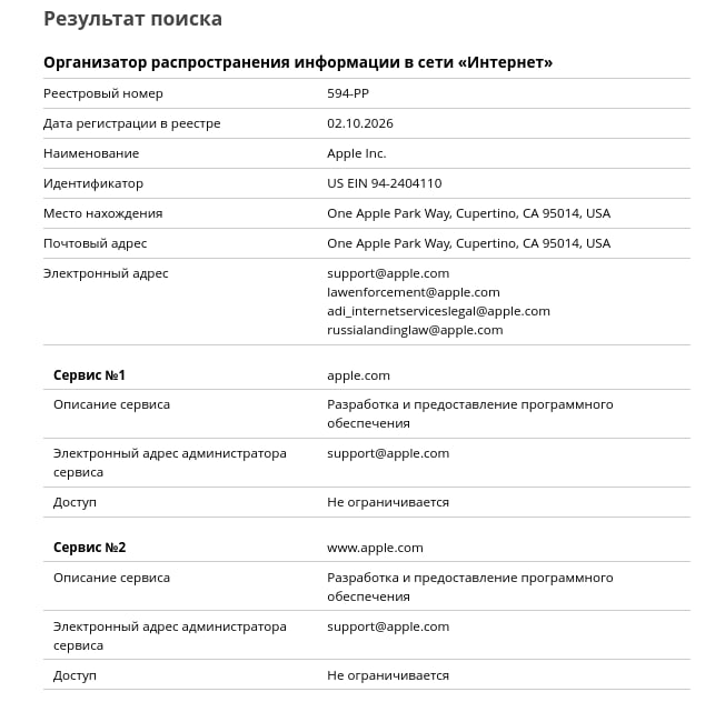 Роскомнадзор включил Apple и Microsoft в реестр организаторов распространения информации
