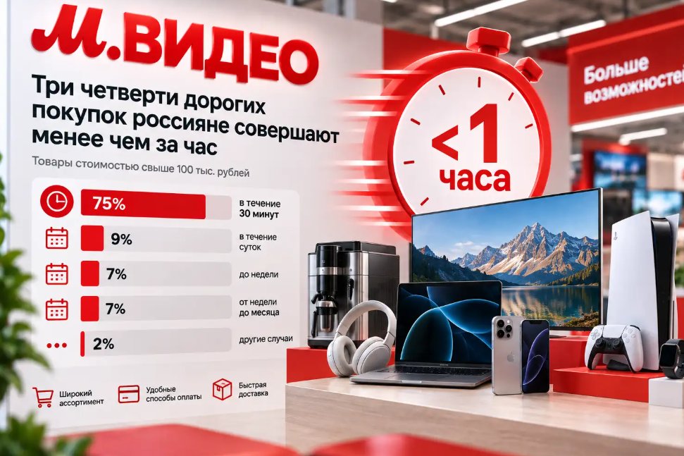 «М.Видео»: 76,7% покупок дороже 100 тысяч рублей совершаются менее чем за час
