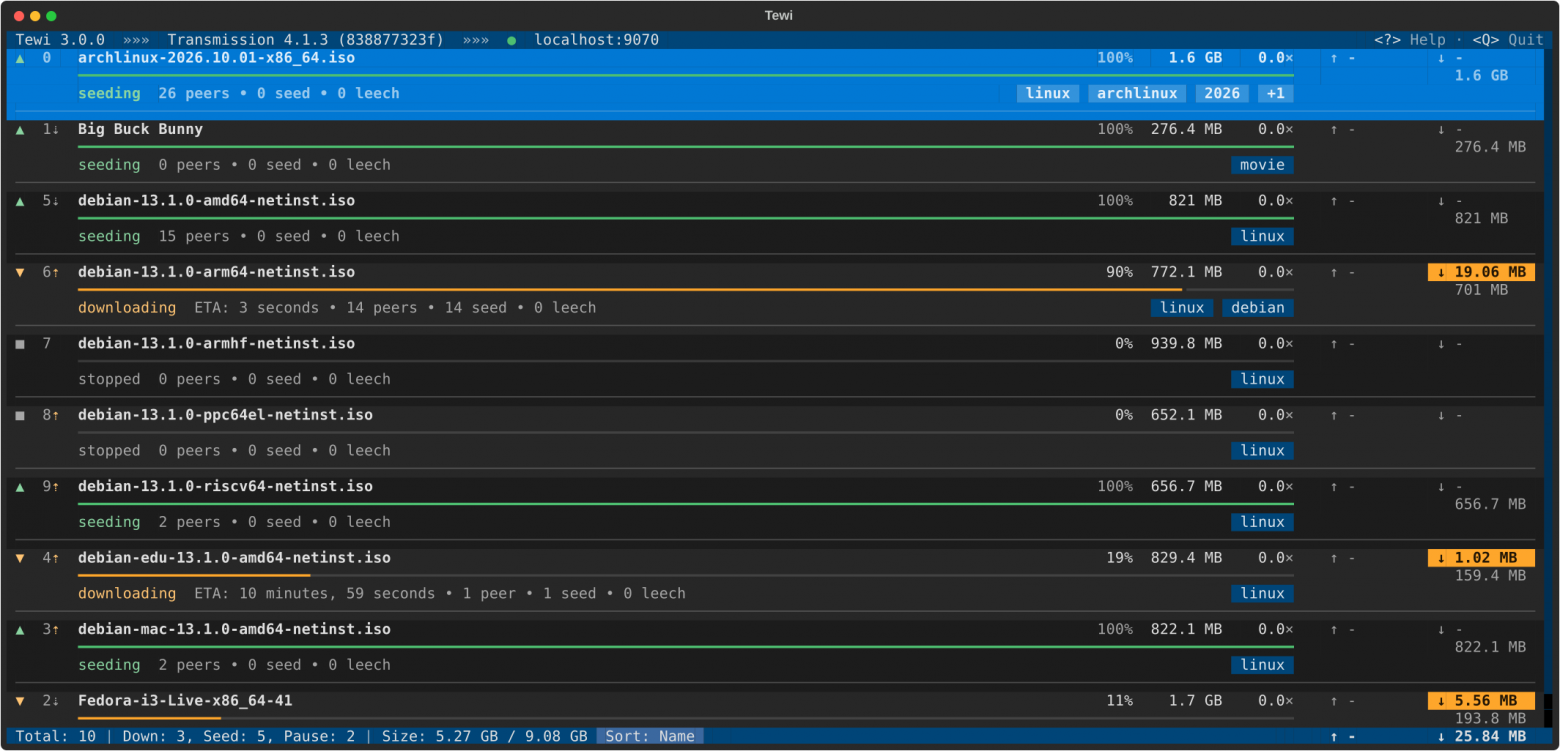 Вышел Tewi 3.0.0 — текстовый клиент для управления BitTorrent-демонами
