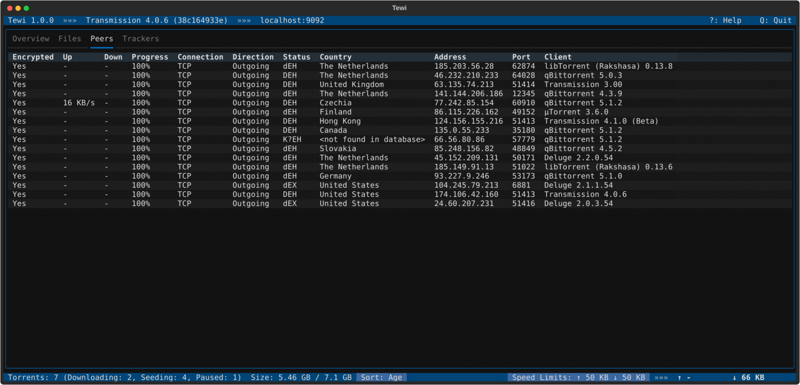 Вышел Tewi 3.0.0 — текстовый клиент для управления BitTorrent-демонами