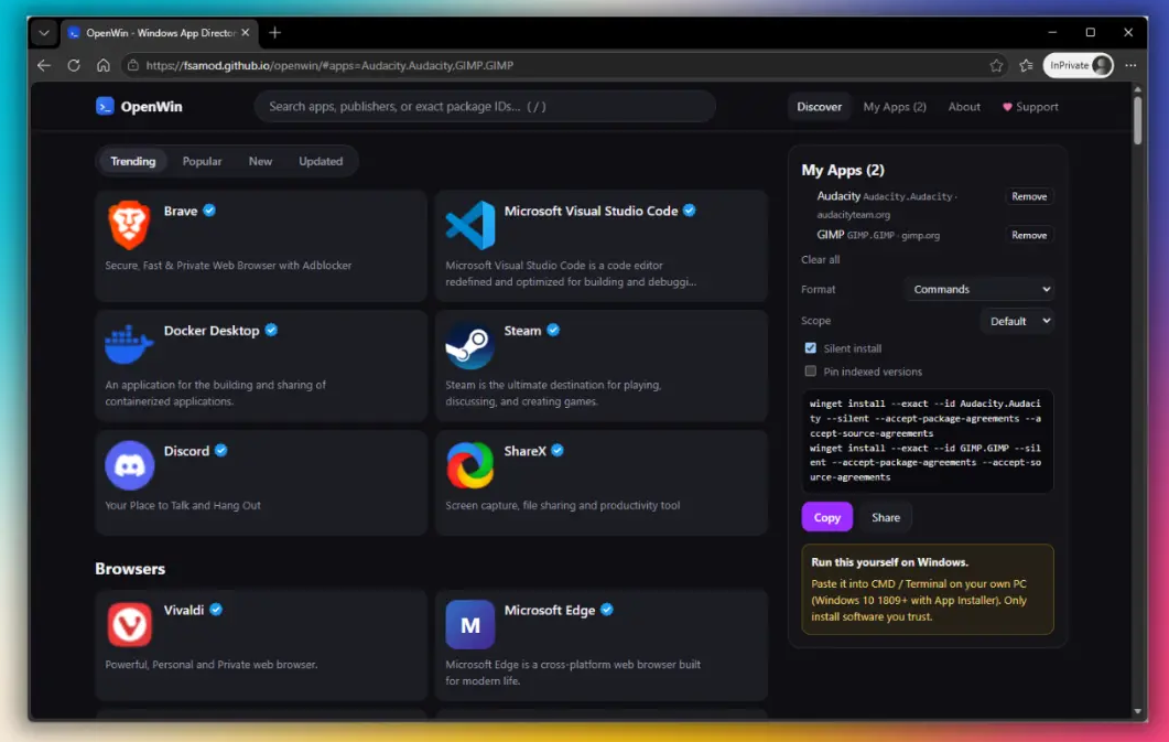 OpenWin превращает подборку приложений Windows в команды winget