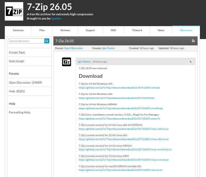 Вышла версия 7-Zip 26.05 с улучшениями распаковки и исправлениями уязвимостей