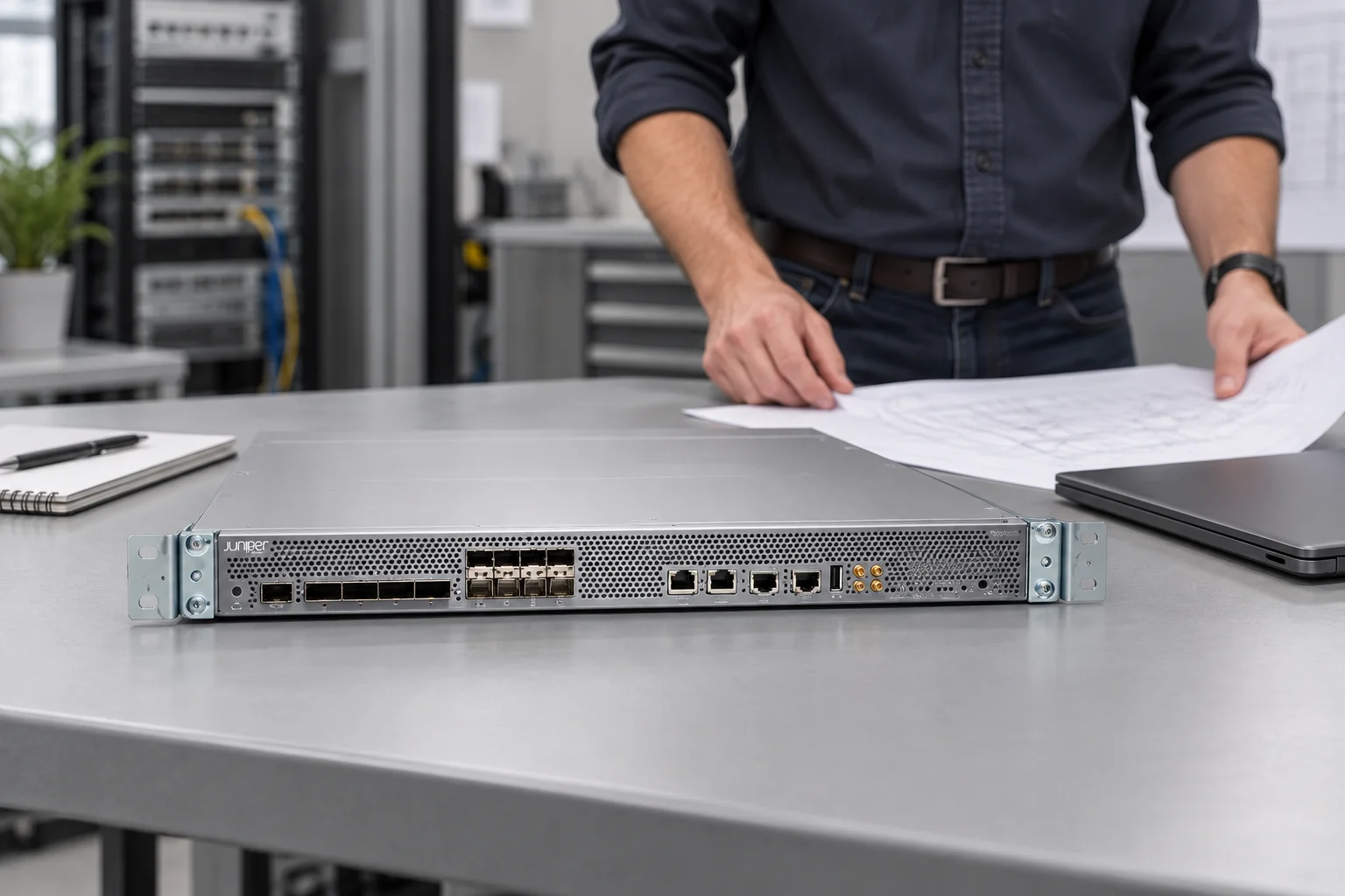 Иллюстрация подготовки схемы установки Juniper MX204 на рабочем столе инженера