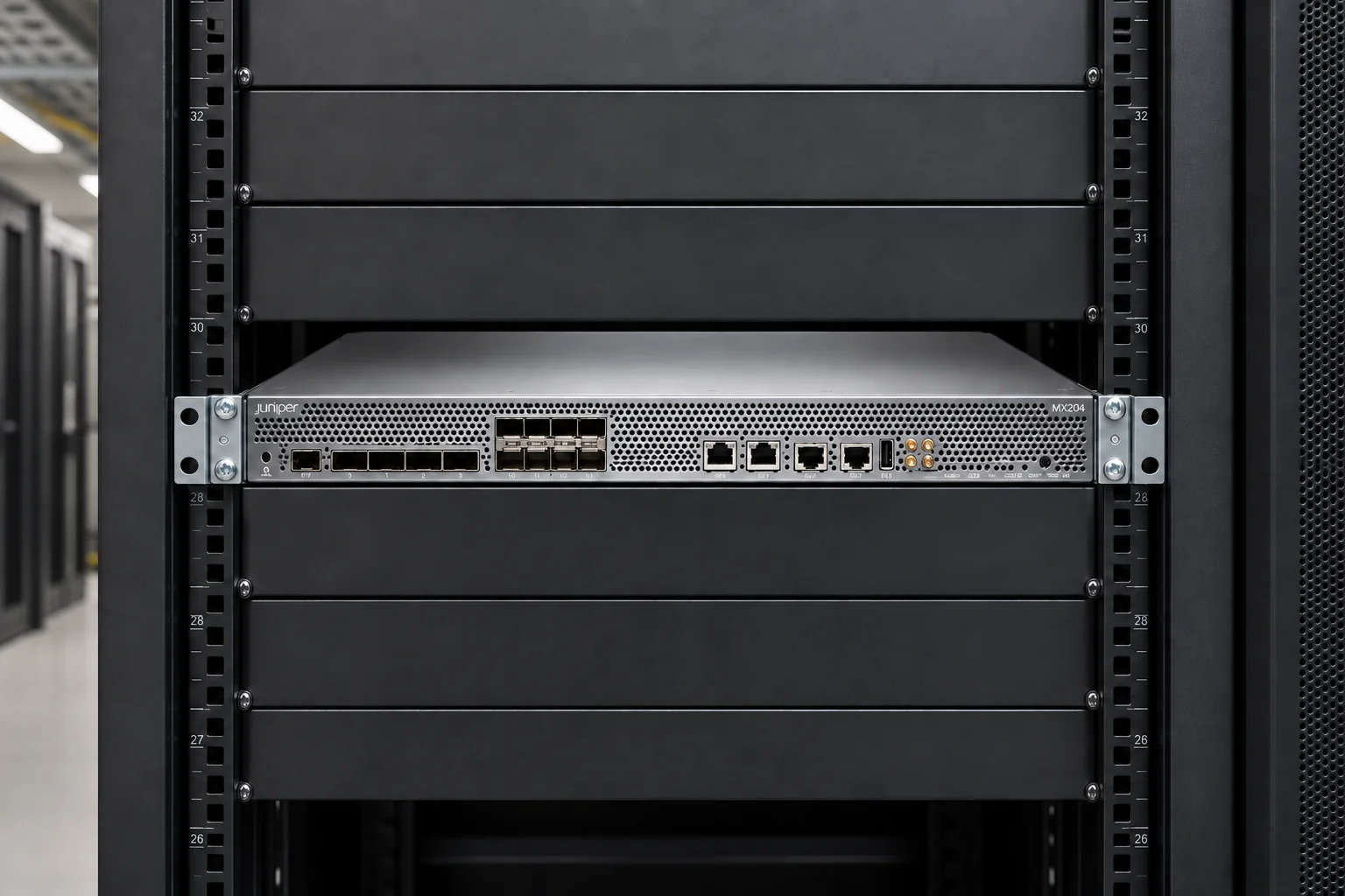 Иллюстрация Juniper MX204 в телекоммуникационной стойке