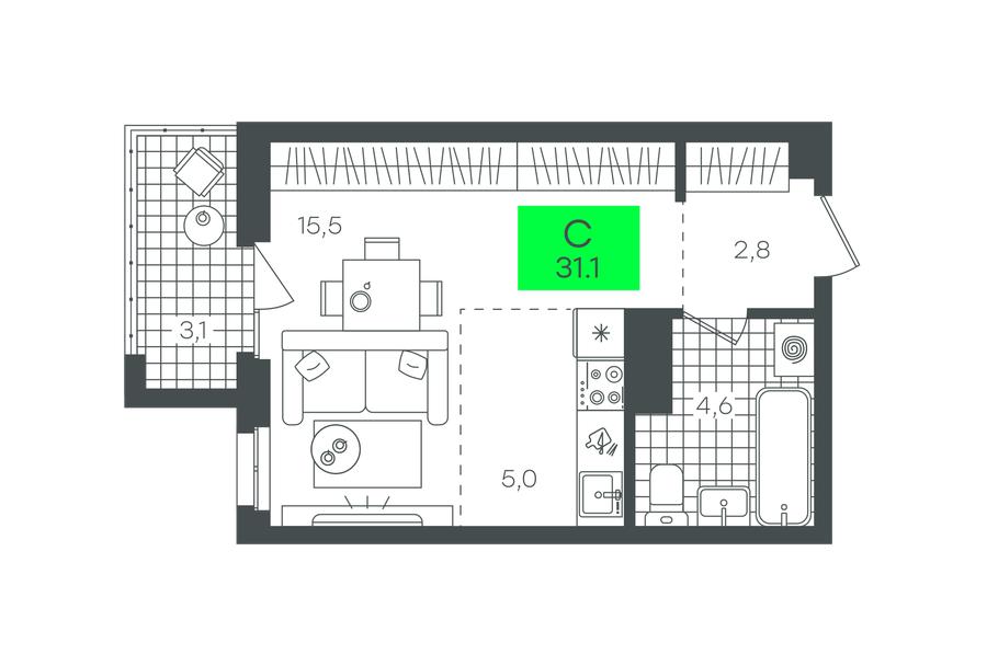 Планировка: Студия 31.2 м² в ЖК Сезоны, От Слободы до Комарово парк