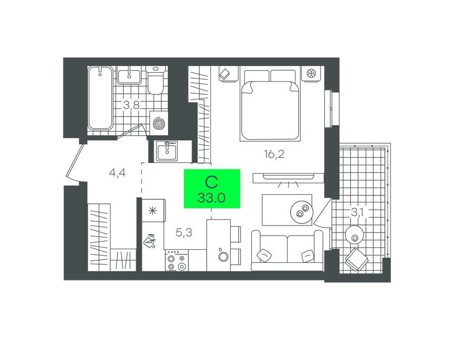 Планировка: Студия 33.1 м² в ЖК Сезоны, От Слободы до Комарово парк