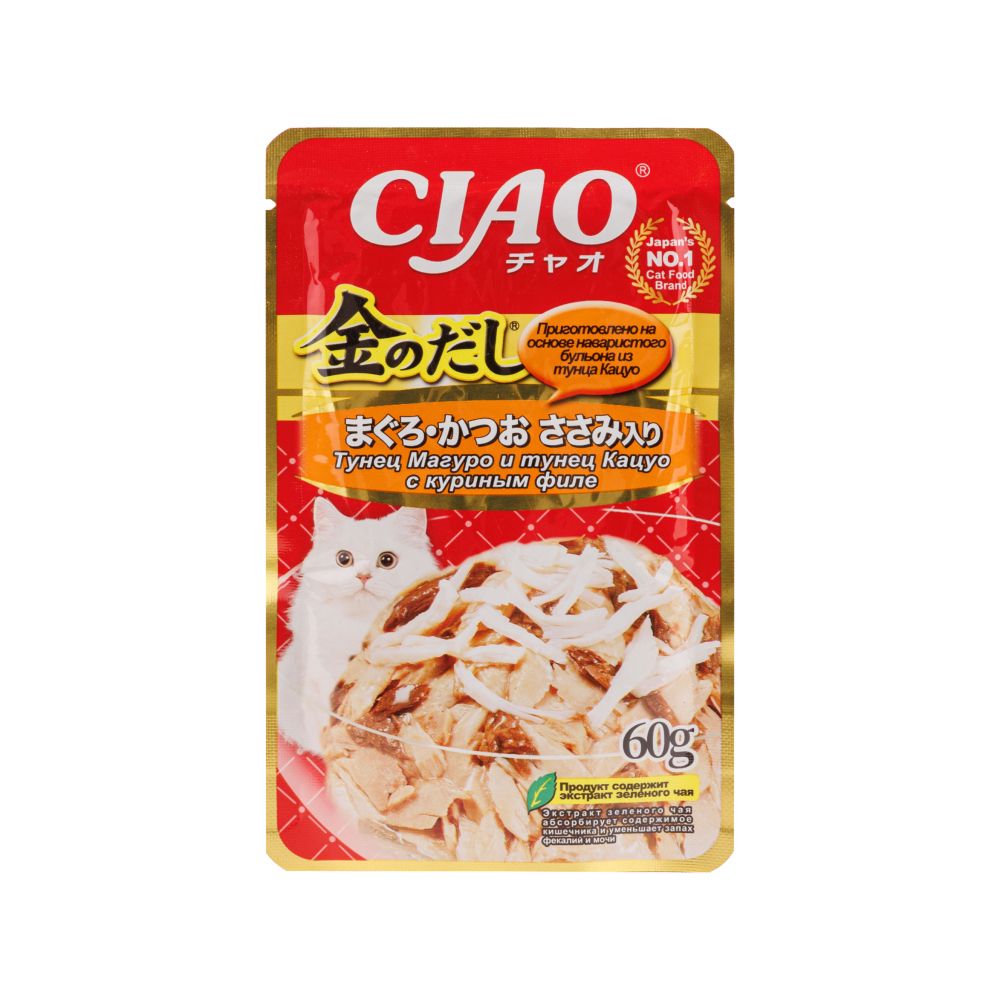 Влажный корм (пауч) для кошек, тунец магуро и тунец кацуо с куриным филе, 60 гр.