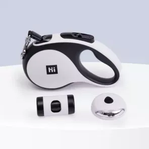 Рулетка с Led фонарем и диспенсером для собак, ремень 5 м, 30 кг, черно-белая